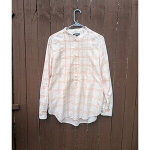 Lands End Pink Ivory Cotton Flannel Plaid Pintucks Tabbed Sleeve Top Sz 12